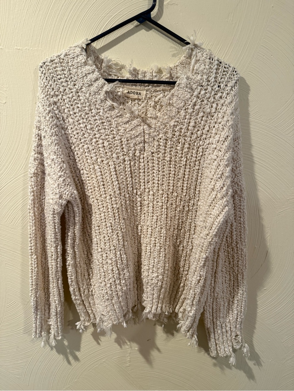ADORA Cream Chunky Distressed V-Neck Sweater